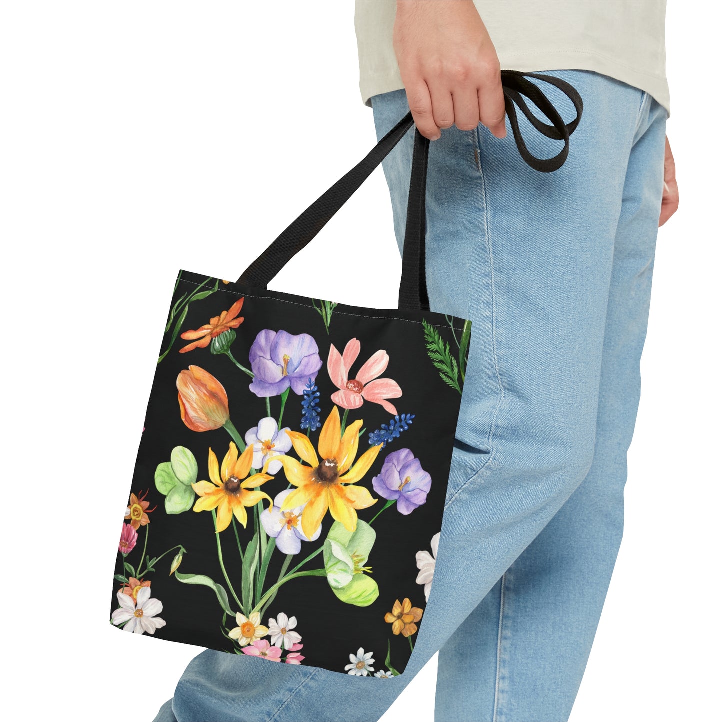 Yvonne Floral Pattern on Black Tote Bag