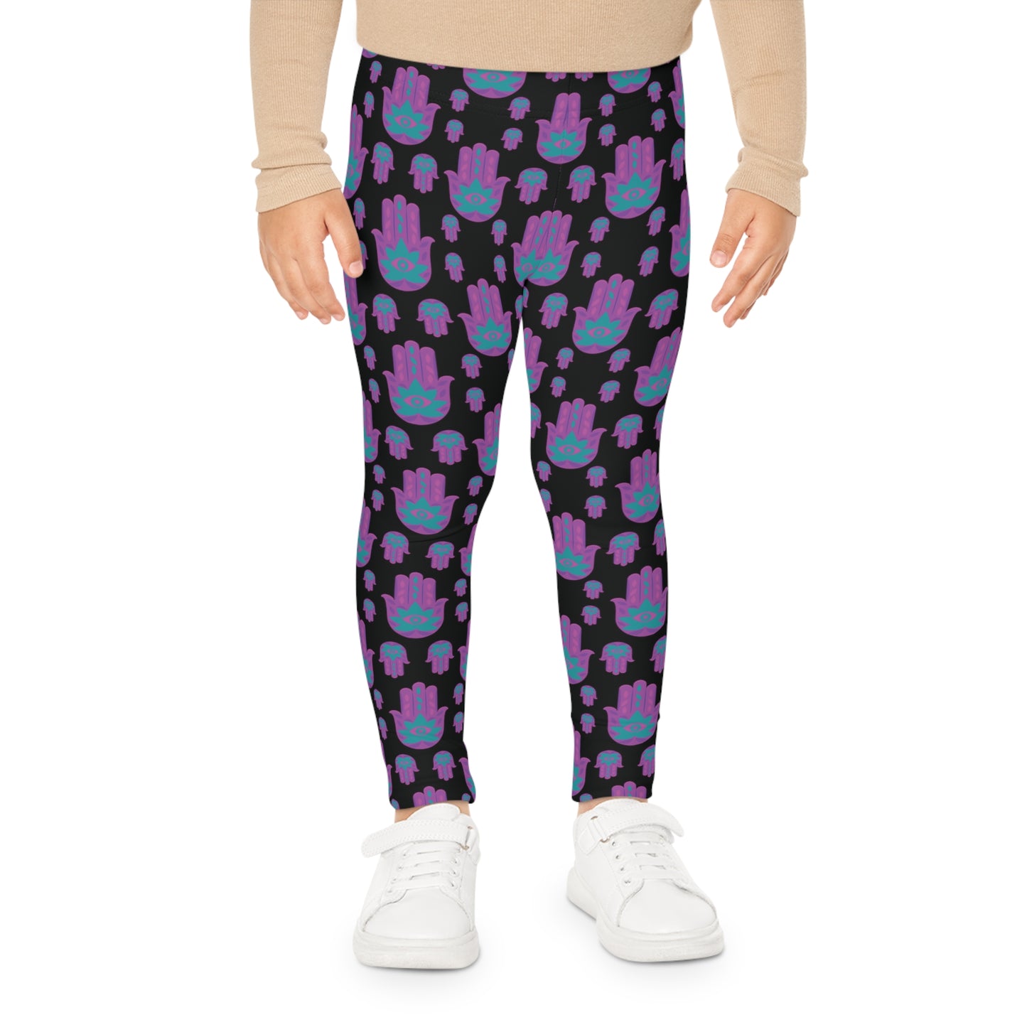 Hadas Bright Purple Hamsa Pattern on Black Kids Leggings