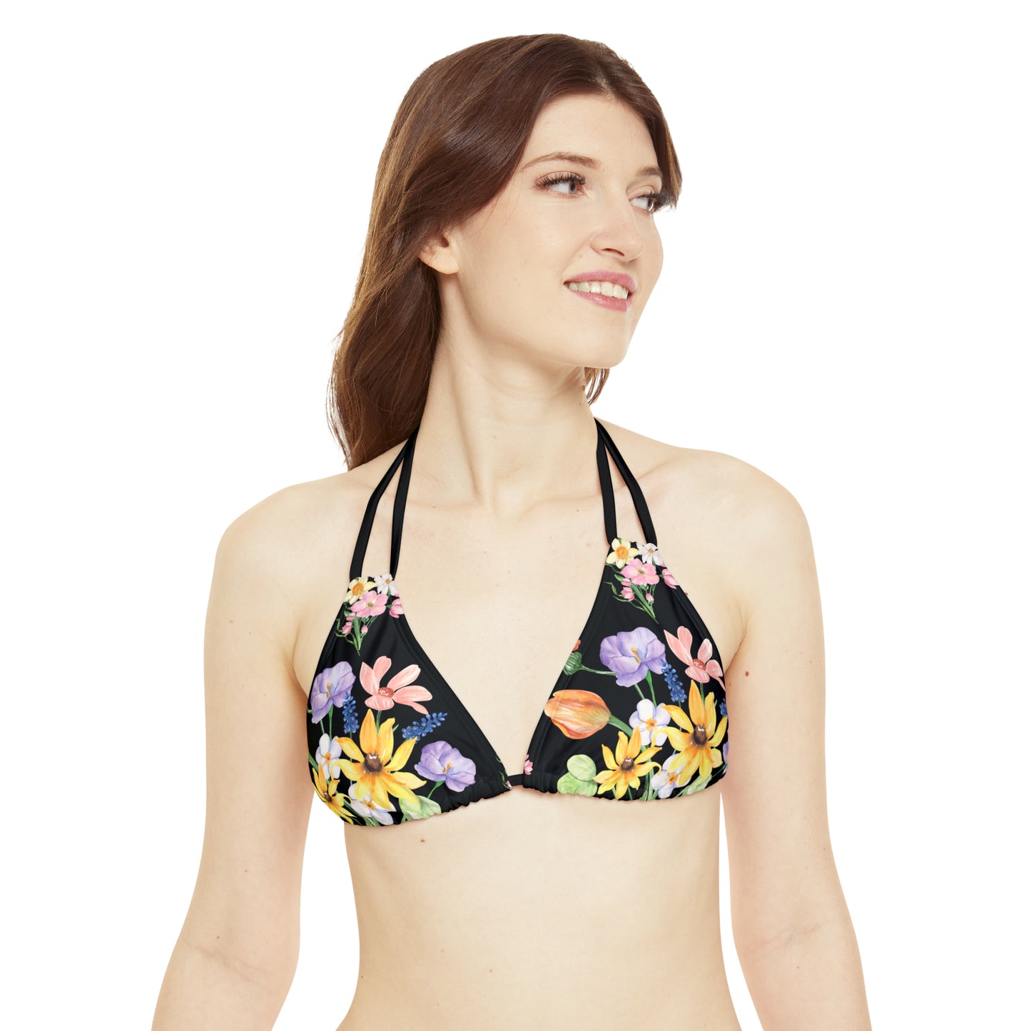 Yvonne Floral Pattern on Black Strappy Bikini Set