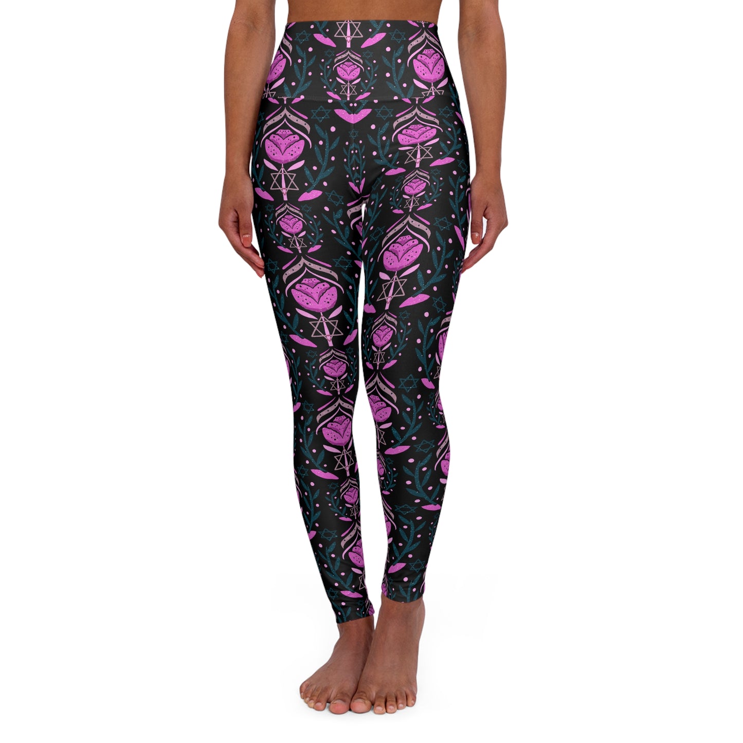 Jenna Pink Pattern on Black High Waisted Yoga Leggings