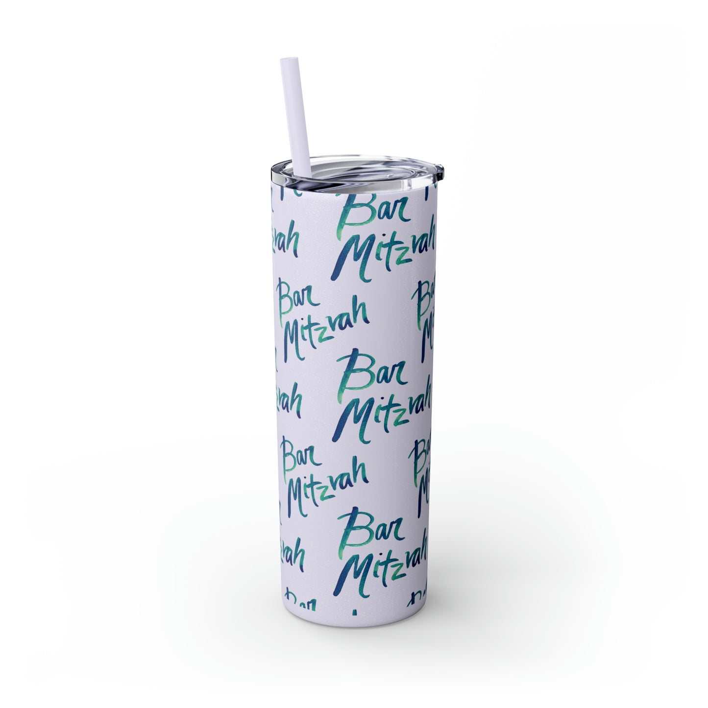 Ben Turquoise & Green Ombre Bar Mitzvah Pattern Skinny Tumbler with Straw, 20oz