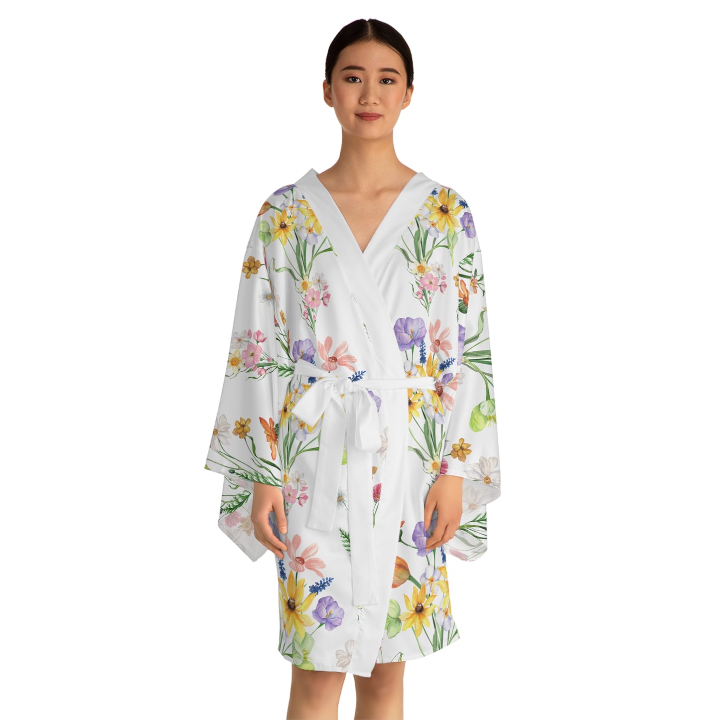 Yvonne Floral Pattern on White Long Sleeve Kimono Robe