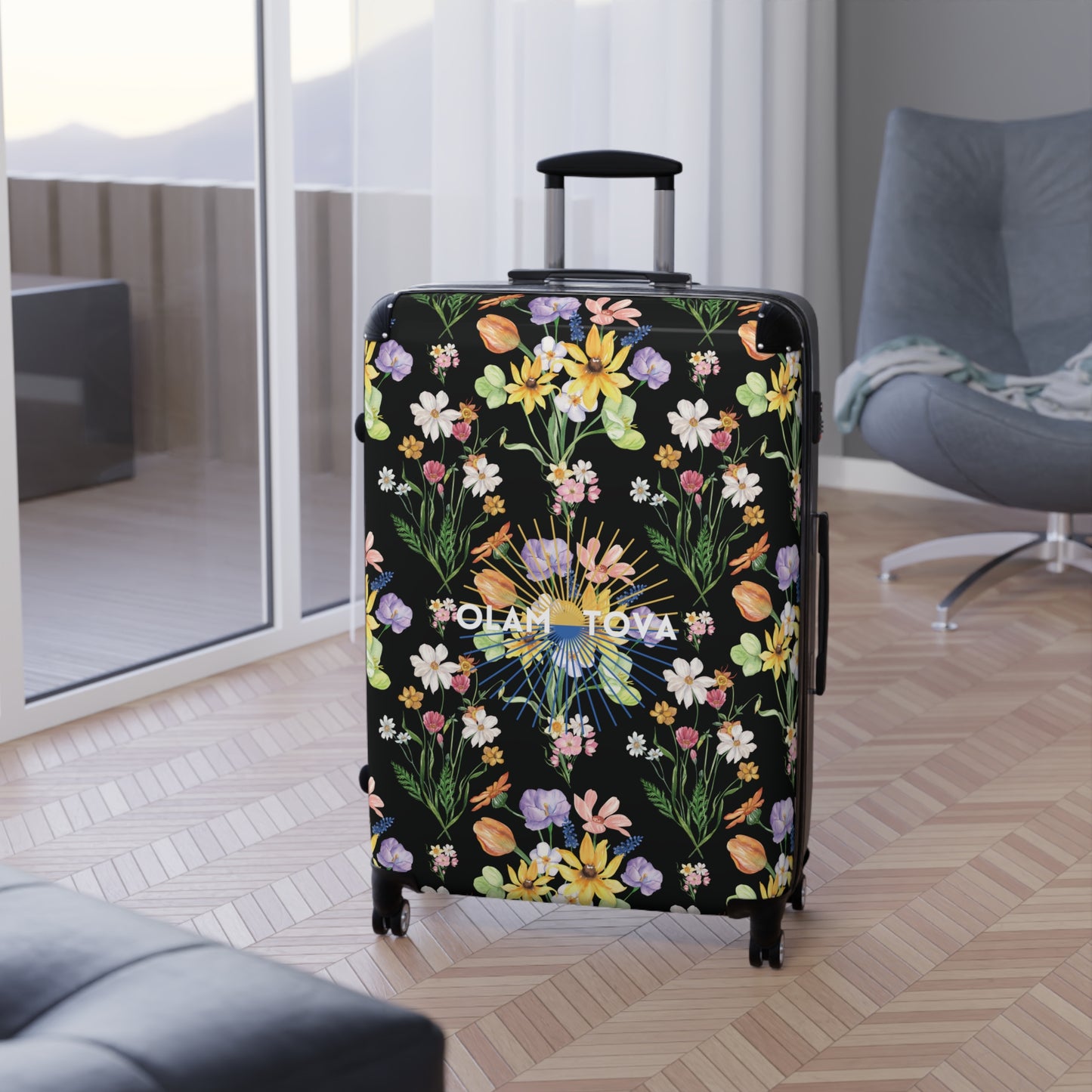 Yvonne Floral Pattern on Black Suitcase