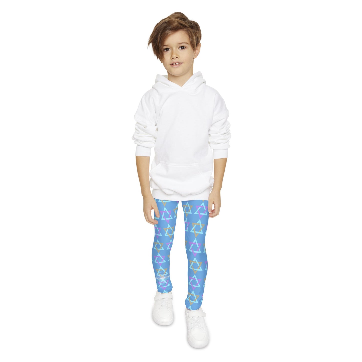 David Beige, Purple, & Light Blue Magan David Pattern on Blue Youth Full-Length Leggings