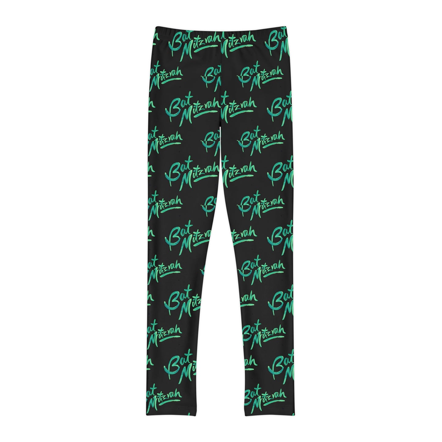 Batya Green Bat Mitzvah Pattern on Black Youth Full-Length Leggings