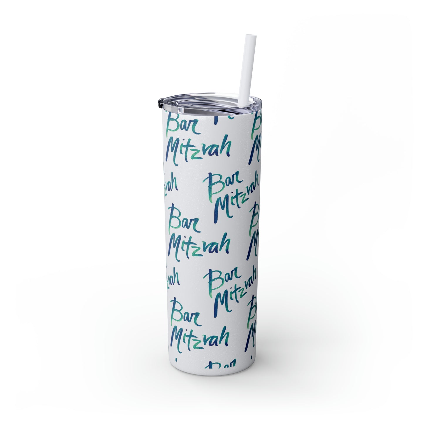 Ben Turquoise & Green Ombre Bar Mitzvah Pattern Skinny Tumbler with Straw, 20oz