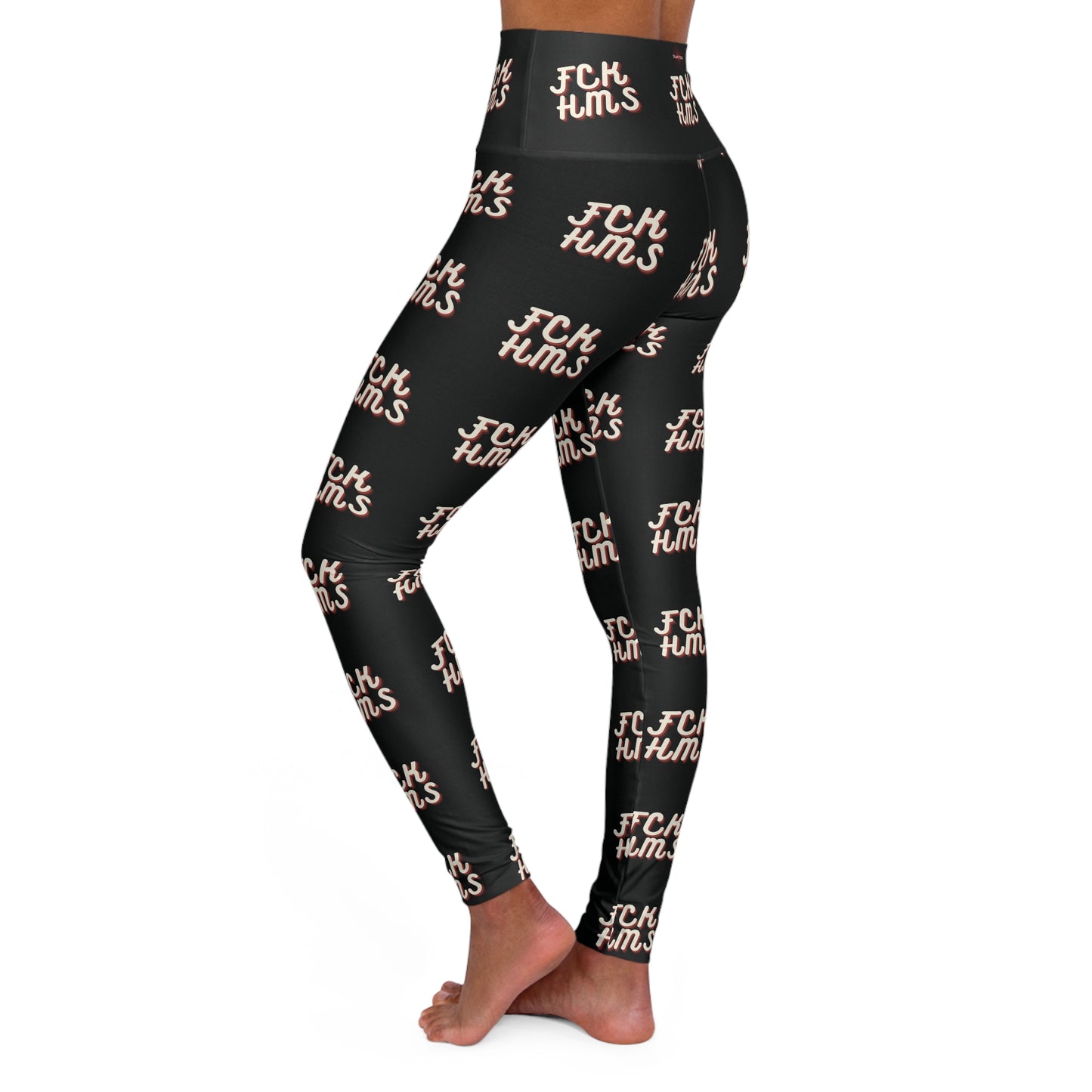 FCK HMS Script Tan & Orange on Black High Waisted Yoga Leggings