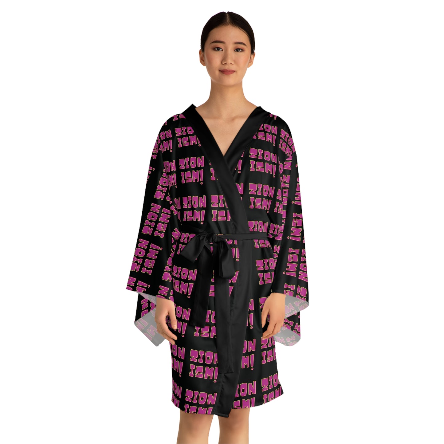 ZION Pink on Black Long Sleeve Kimono Robe