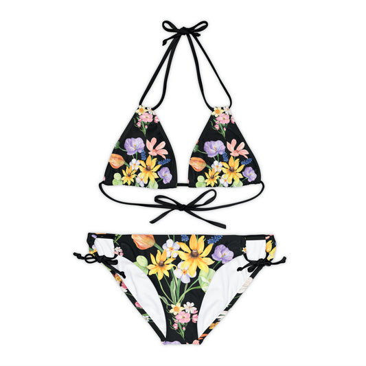 Yvonne Floral Pattern on Black Strappy Bikini Set