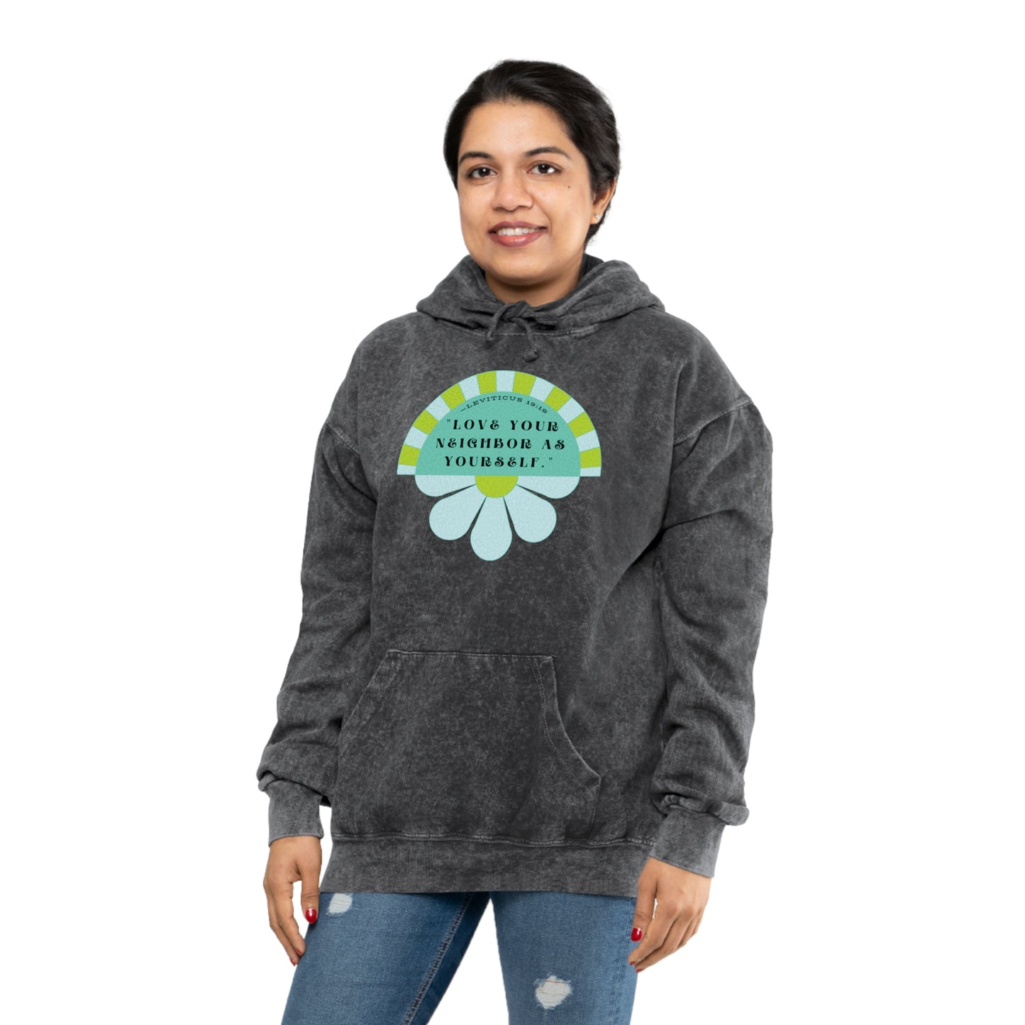 Blue & Neon Green Love Your Neighbor Unisex Mineral Wash Hoodie