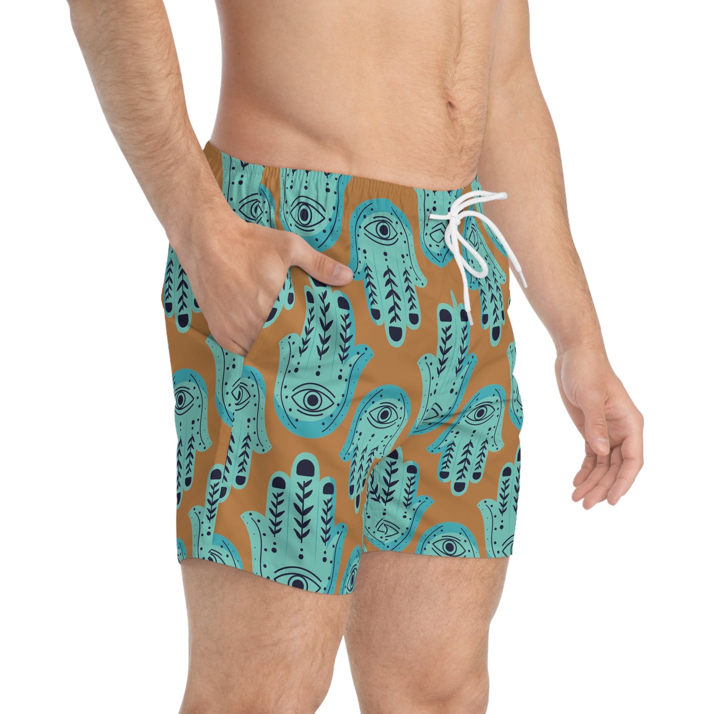 Hannah Bright Turquoise Hamsa Pattern on Brown Swim Trunks