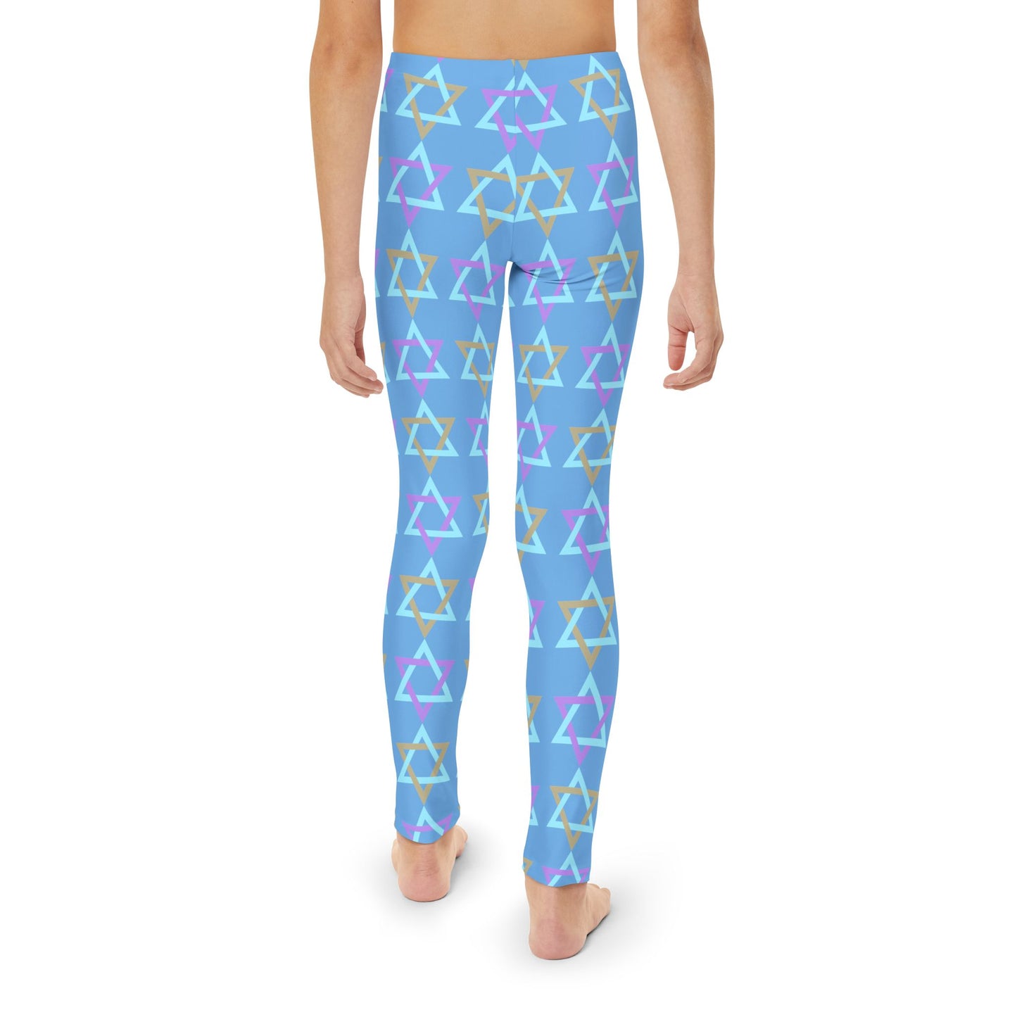 David Beige, Purple, & Light Blue Magan David Pattern on Blue Youth Full-Length Leggings