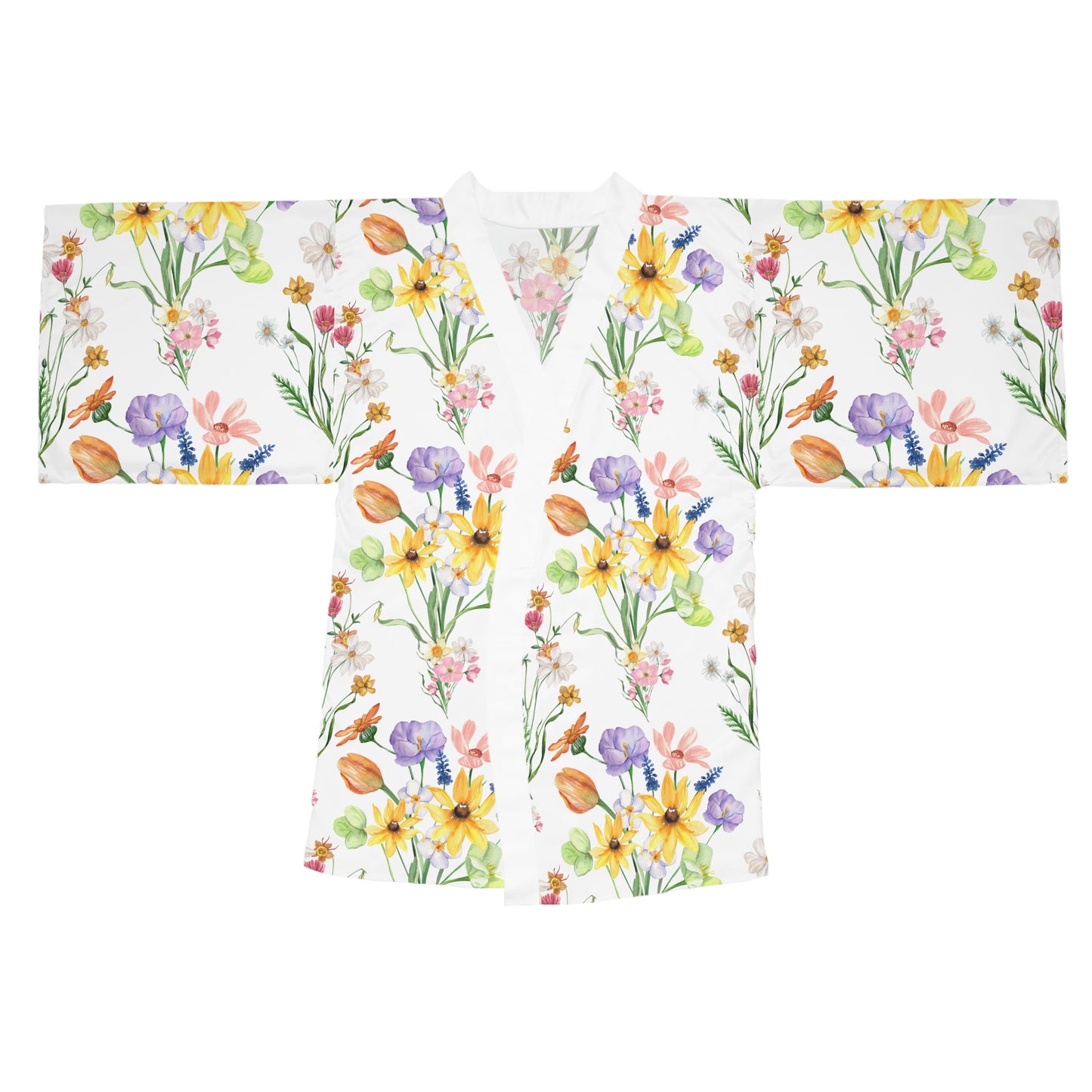 Yvonne Floral Pattern on White Long Sleeve Kimono Robe