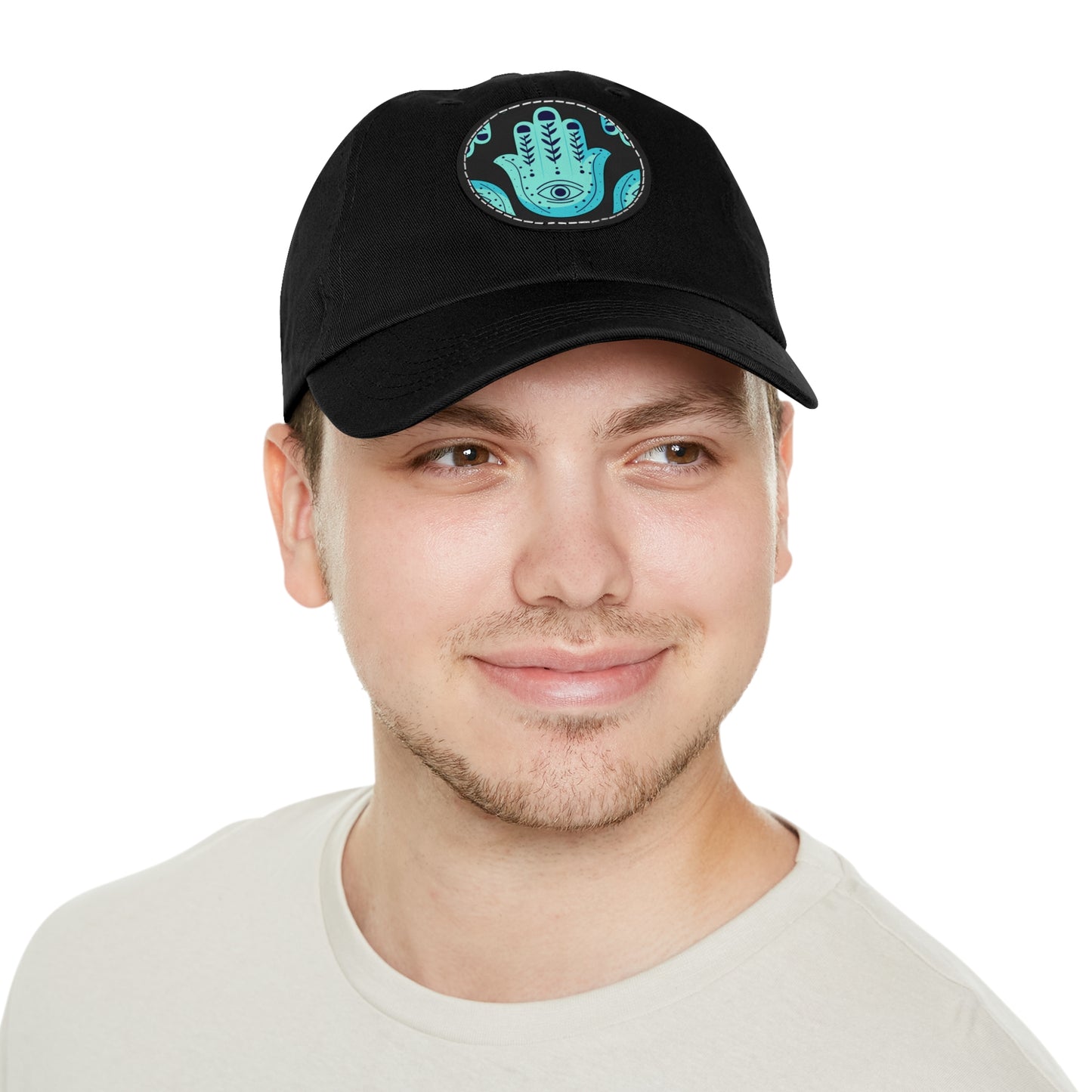 Hannah Bright Turquoise Hamsa Pattern Dad Hat with Leather Patch