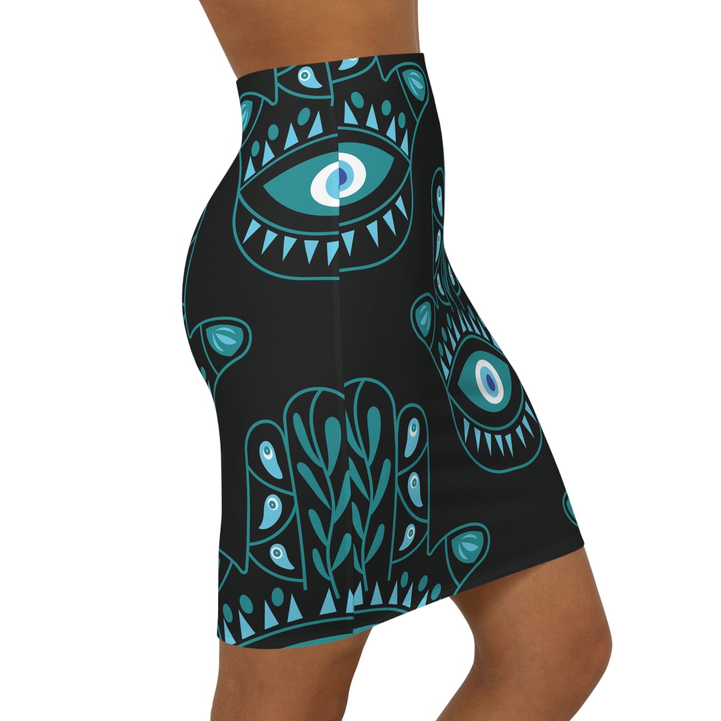 Hyman Turquoise Hamsa Pattern on Black Women's Mini Skirt