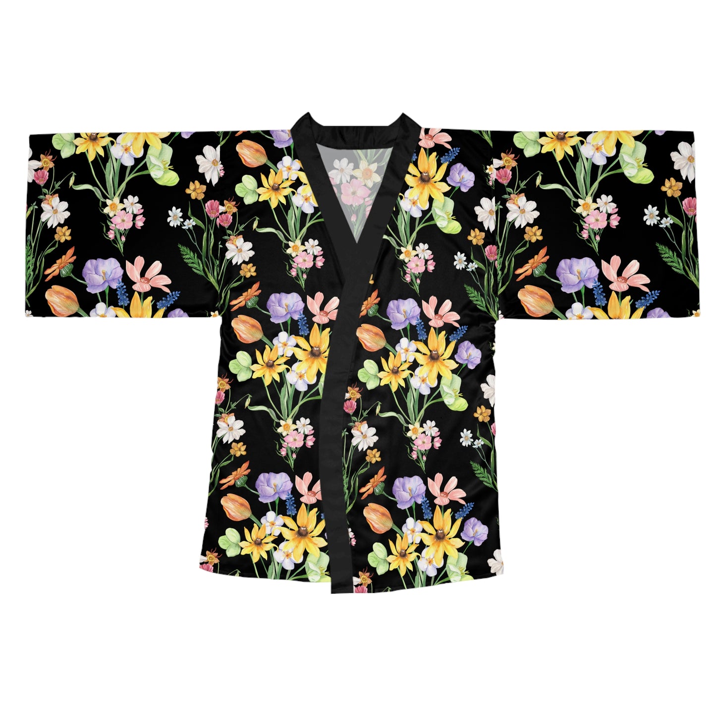 Yvonne Floral Pattern on Black Long Sleeve Kimono Robe