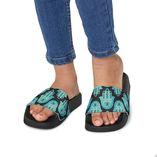 Hannah Bright Turquoise Hamsa Pattern on Black Youth PU Slide Sandals