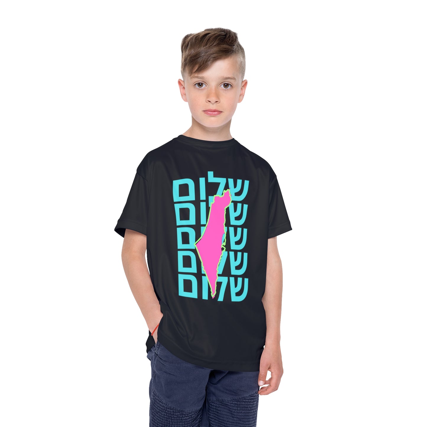 Serena Israel Pink & Turquoise Peace on Black Pattern Kids Sports Tee