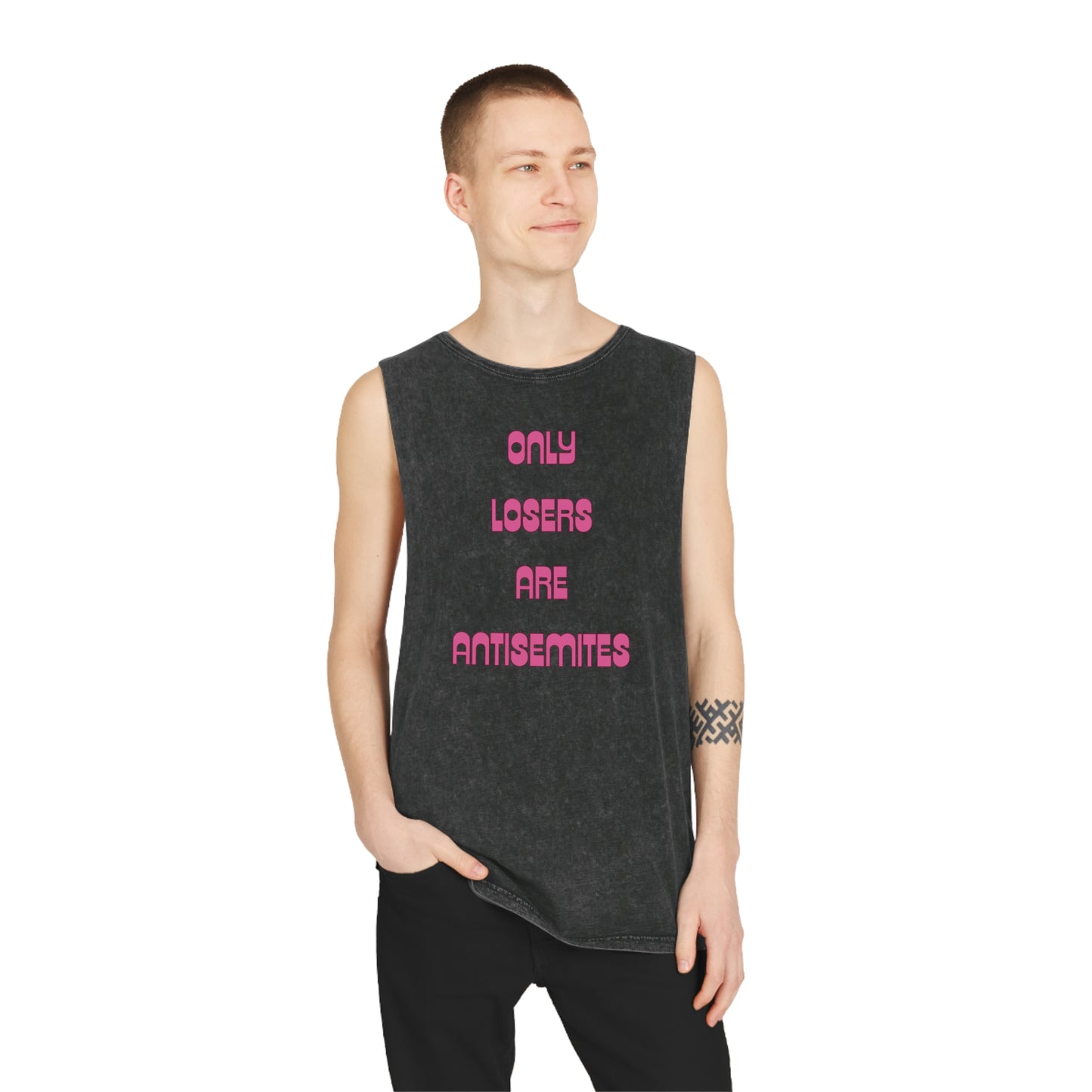 Only Losers Are Antisemites Pink Retro Unisex Stonewash Tank Top