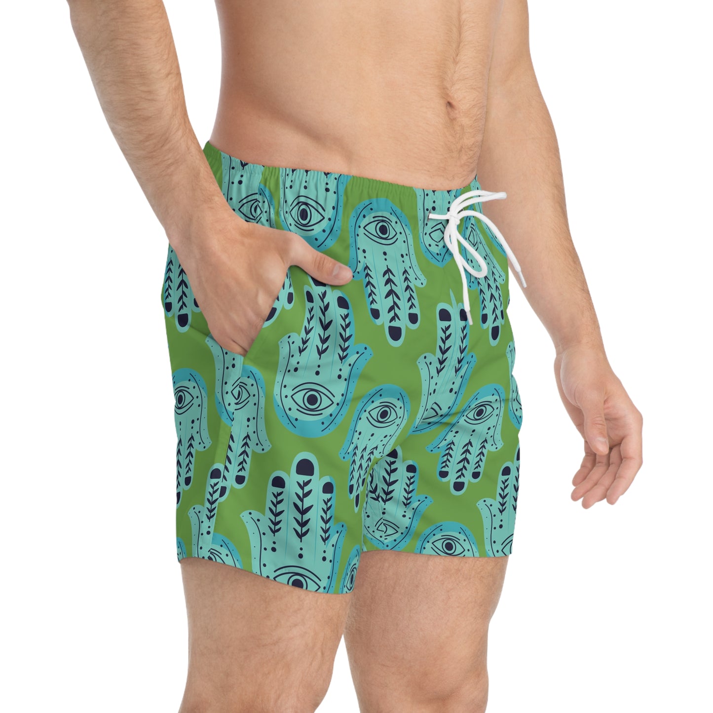 Hannah Bright Turquoise Hamsa Pattern on Apple Green Swim Trunks