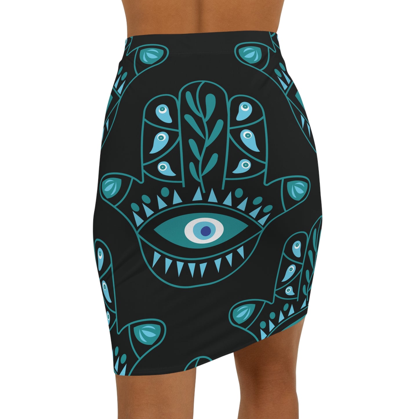 Hyman Turquoise Hamsa Pattern on Black Women's Mini Skirt