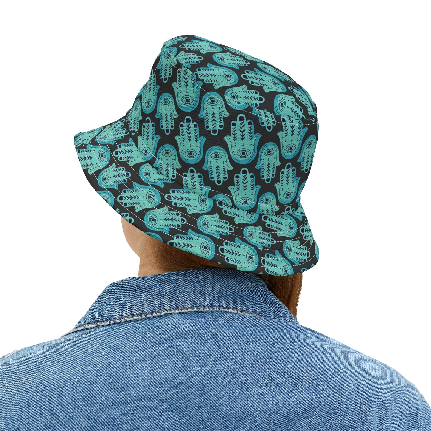 Hannah Bright Turquoise Hamsa Pattern Bucket Hat