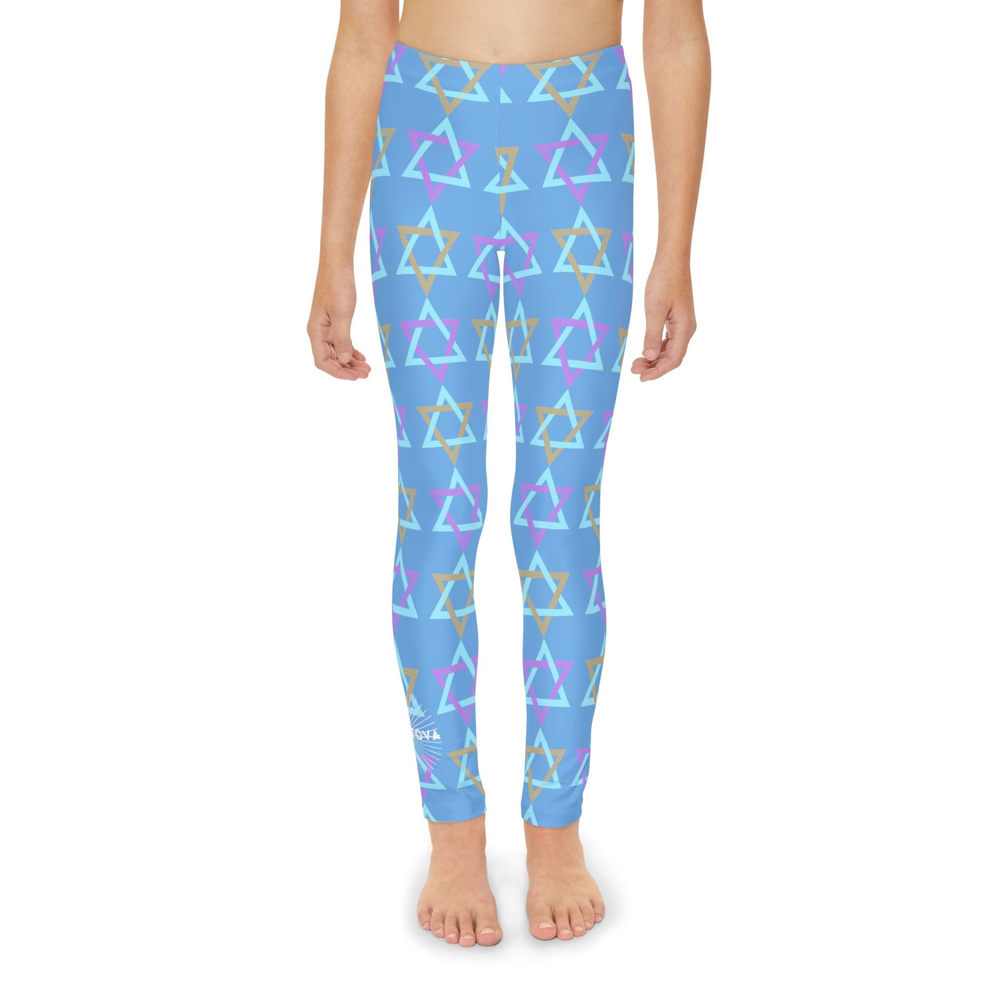 David Beige, Purple, & Light Blue Magan David Pattern on Blue Youth Full-Length Leggings