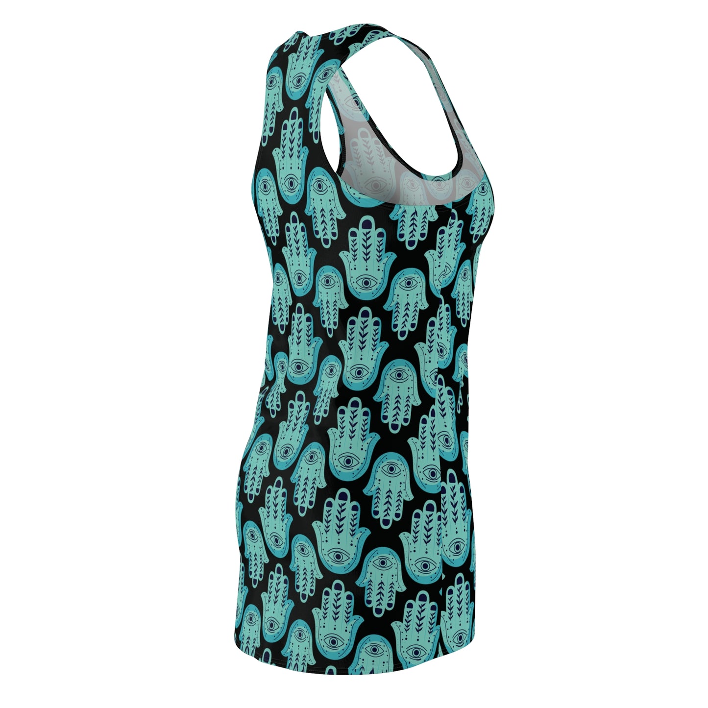 Hannah Bright Turquoise Hamsa Pattern Women's Cut & Sew Racerback Dress