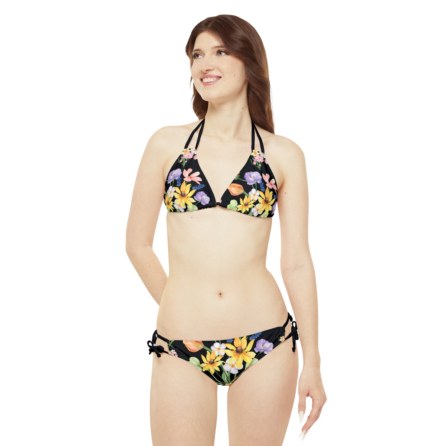 Yvonne Floral Pattern on Black Strappy Bikini Set