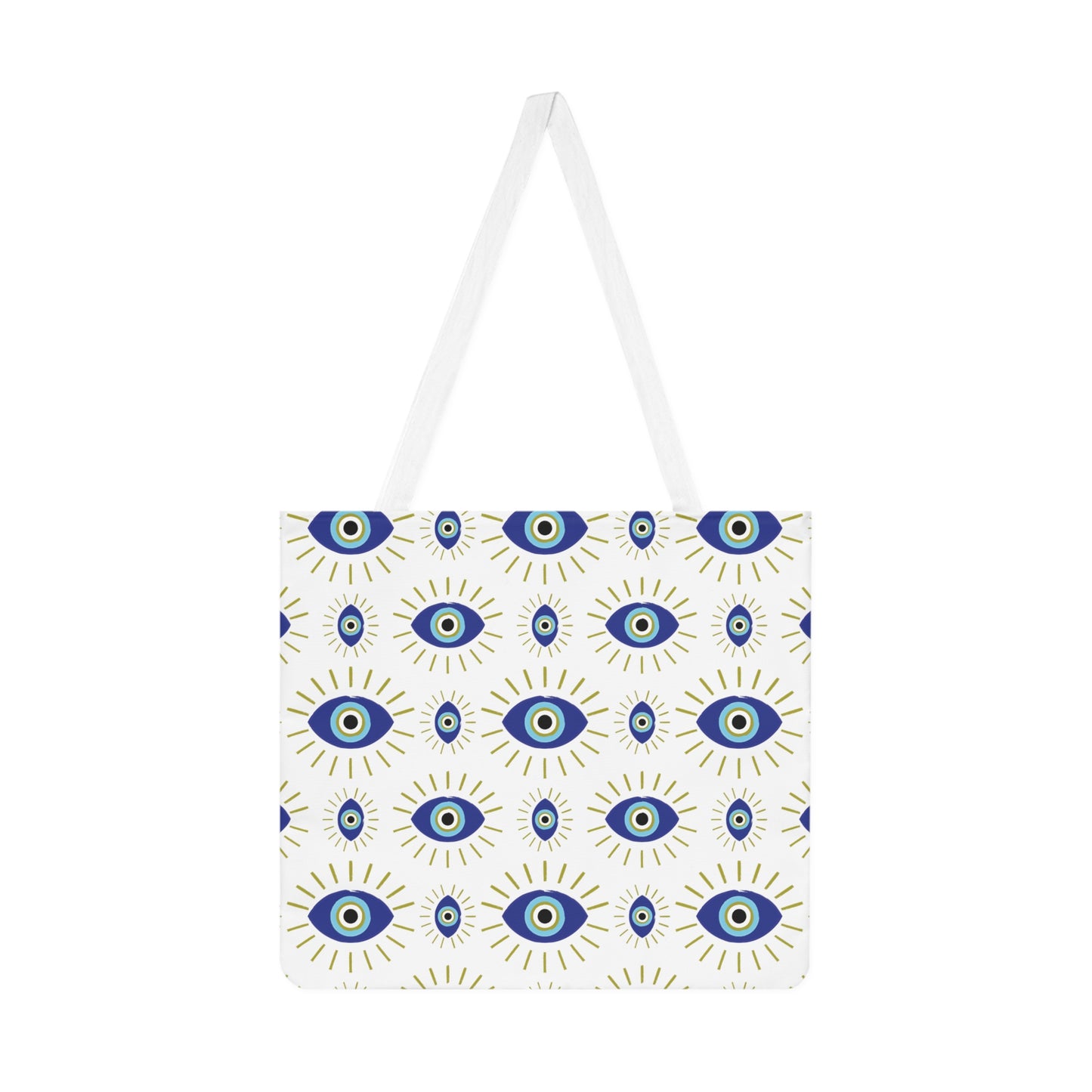 Eva Blue & Olive Evil Eye Pattern on White Shoulder Tote Bag