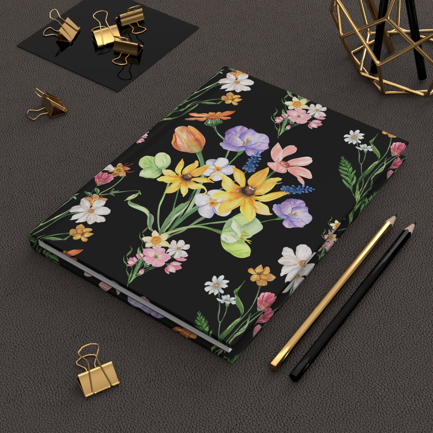 Yvonne Floral Pattern on Black Hardcover Journal Matte