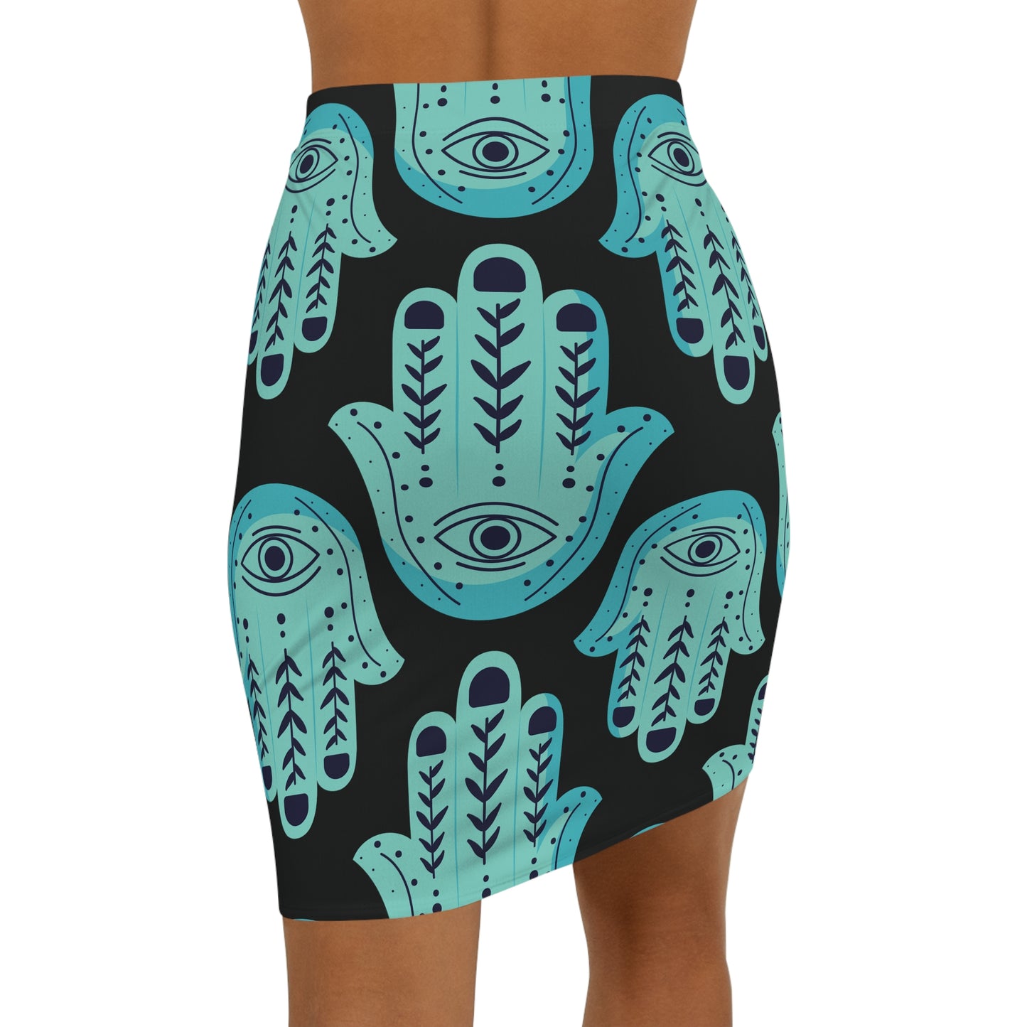 Hannah Bright Turquoise Big Hamsa Pattern Women's Mid-Waist Pencil Skirt