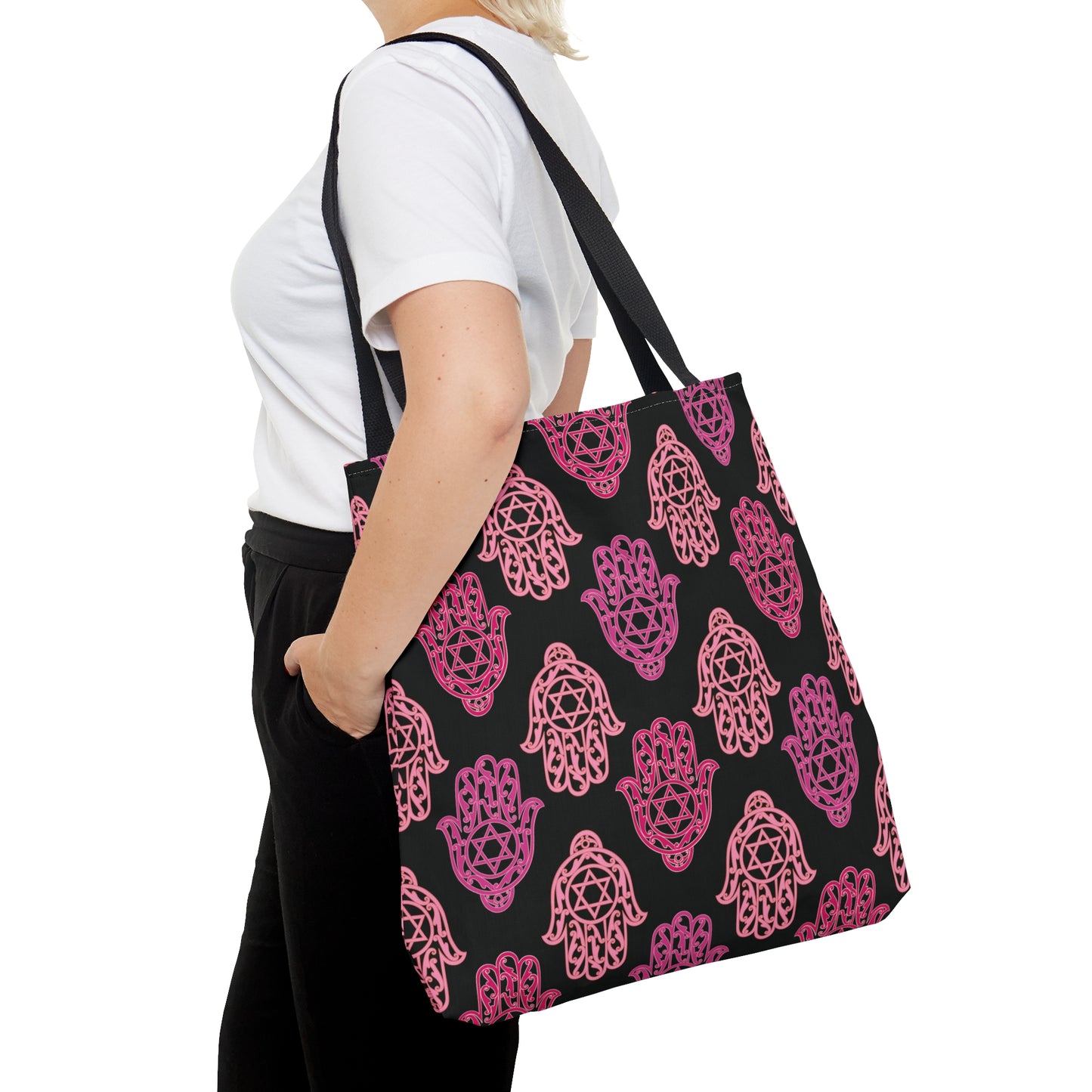 Hadar Pinks Hamsa Pattern on Black Pattern Tote Bag