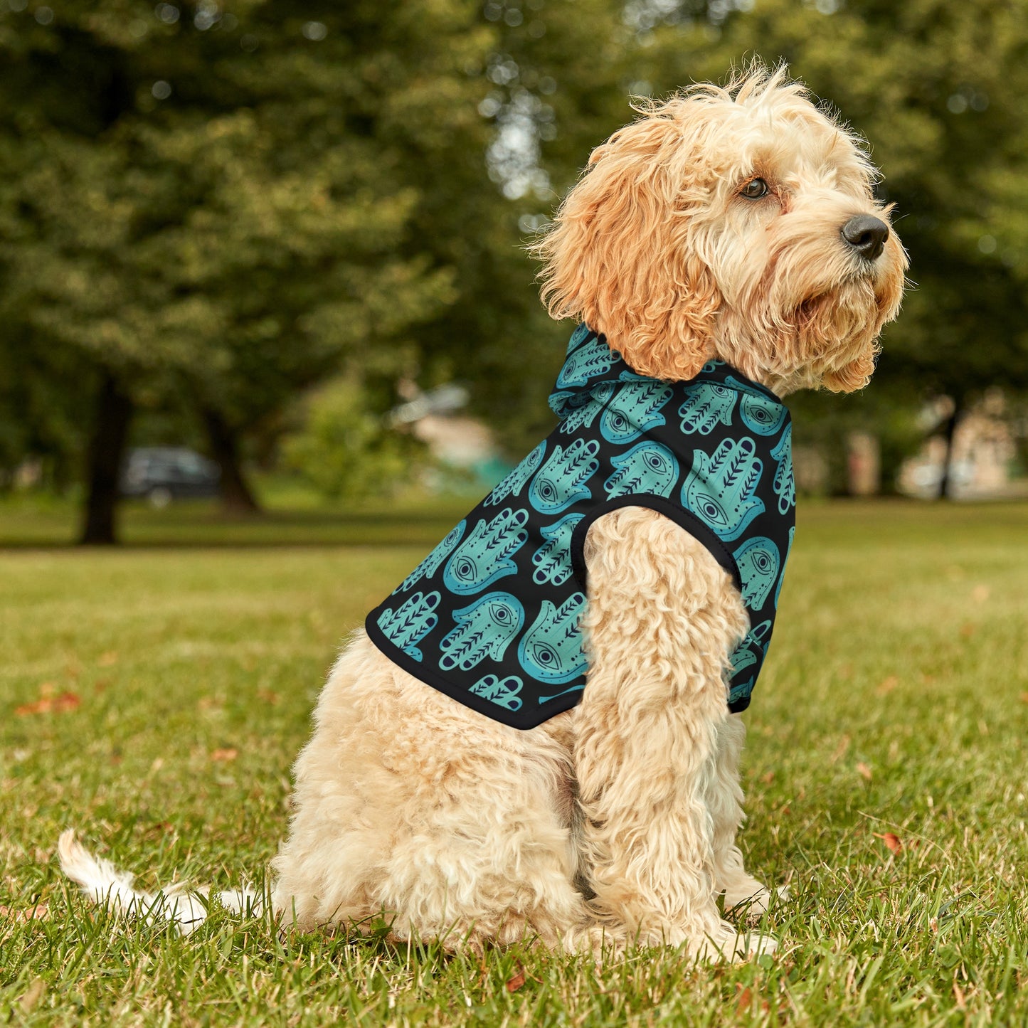 Hannah Bright Turquoise Hamsa Pattern Pet Hoodie