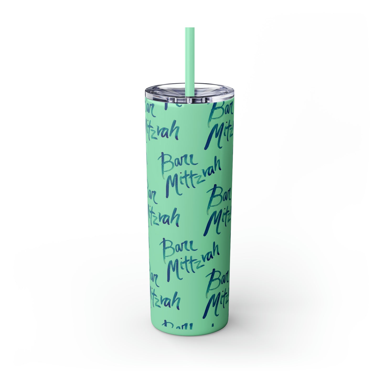 Ben Turquoise & Green Ombre Bar Mitzvah Pattern Skinny Tumbler with Straw, 20oz