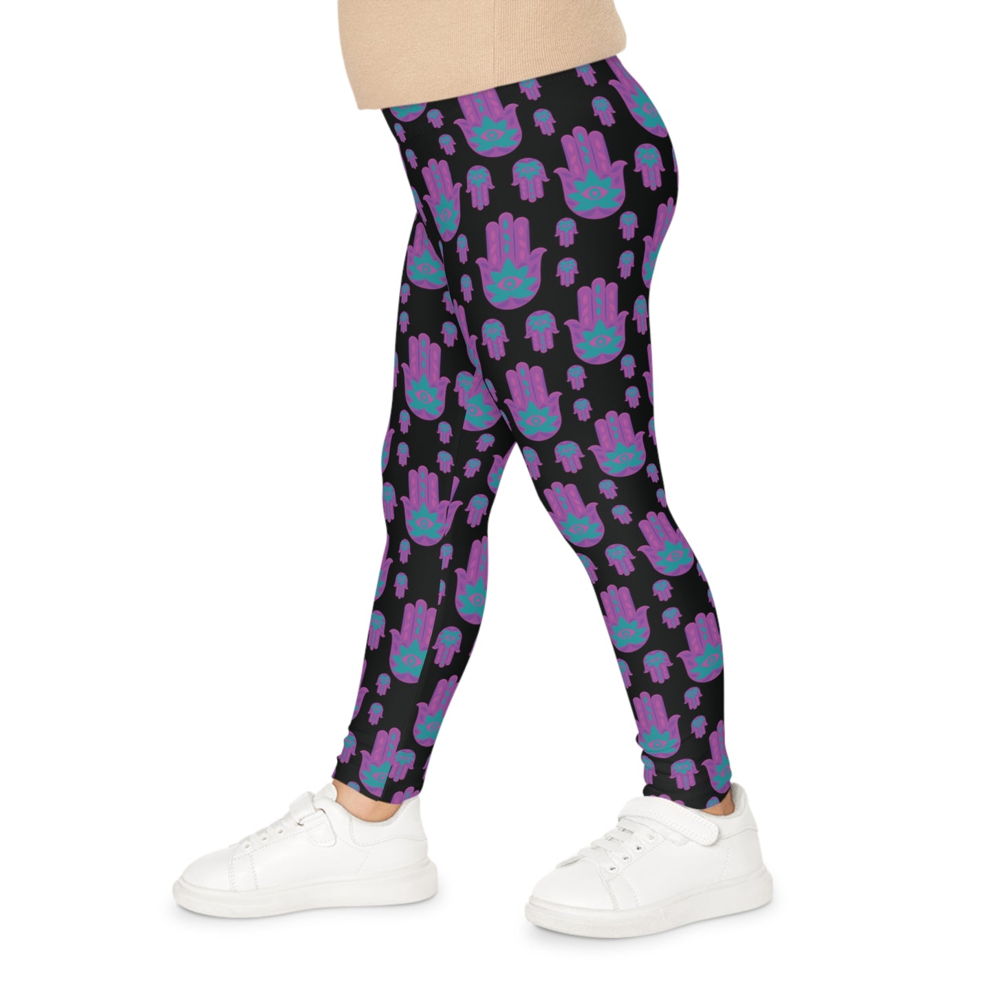 Hadas Bright Purple Hamsa Pattern on Black Kids Leggings