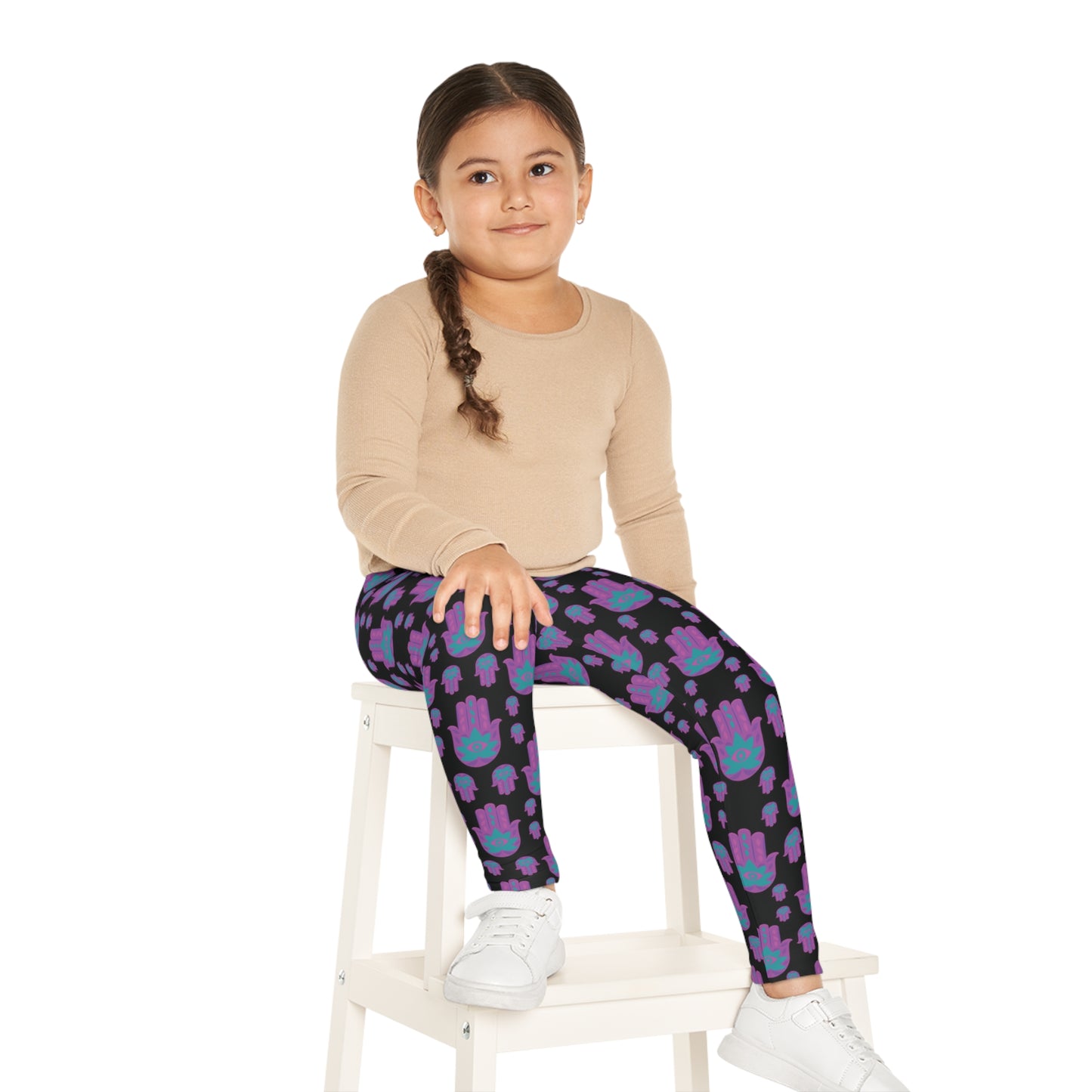 Hadas Bright Purple Hamsa Pattern on Black Kids Leggings