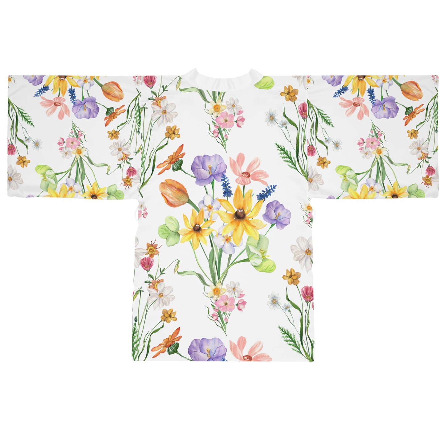 Yvonne Floral Pattern on White Long Sleeve Kimono Robe