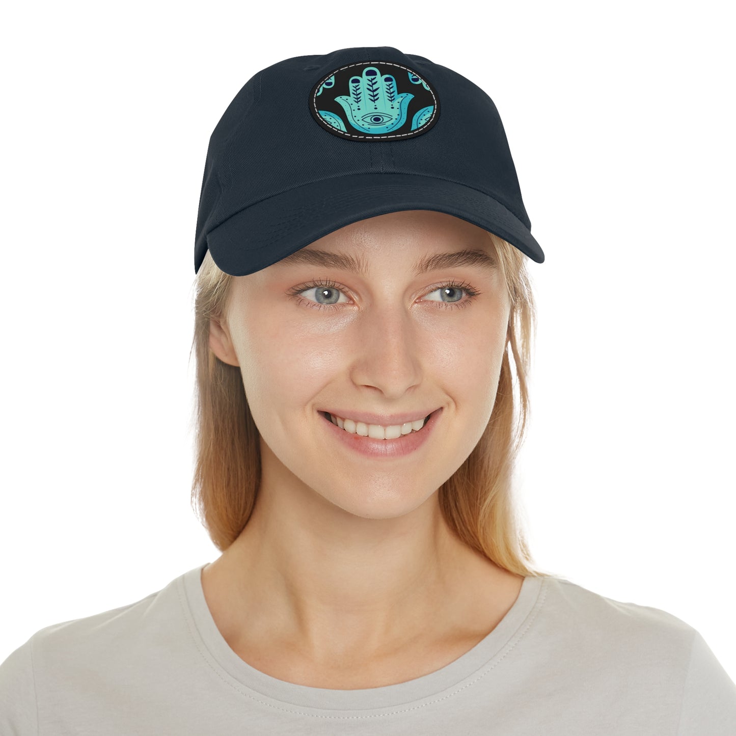 Hannah Bright Turquoise Hamsa Pattern Dad Hat with Leather Patch