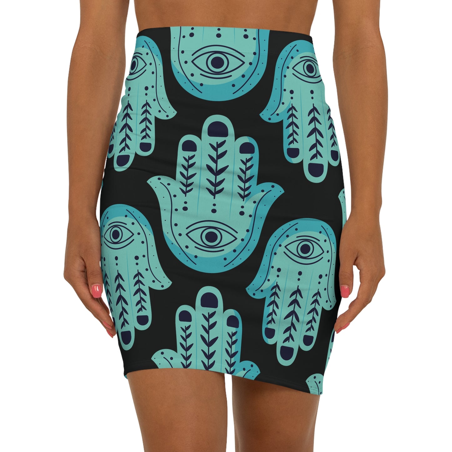 Hannah Bright Turquoise Big Hamsa Pattern Women's Mid-Waist Pencil Skirt