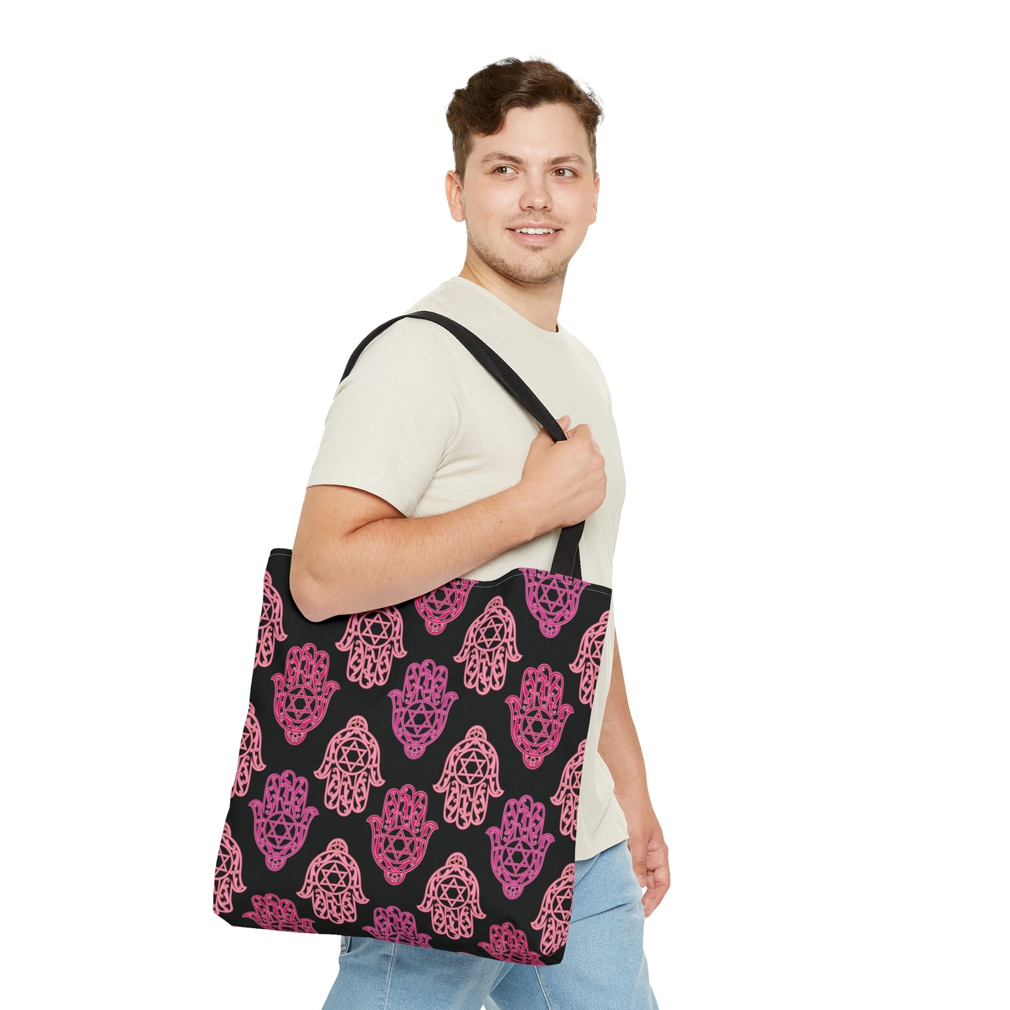 Hadar Pinks Hamsa Pattern on Black Pattern Tote Bag