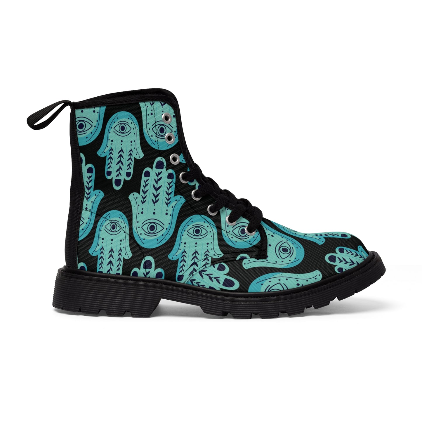 Hannah Bright Turquoise Hamsa Pattern on Black Women's Canvas Boots