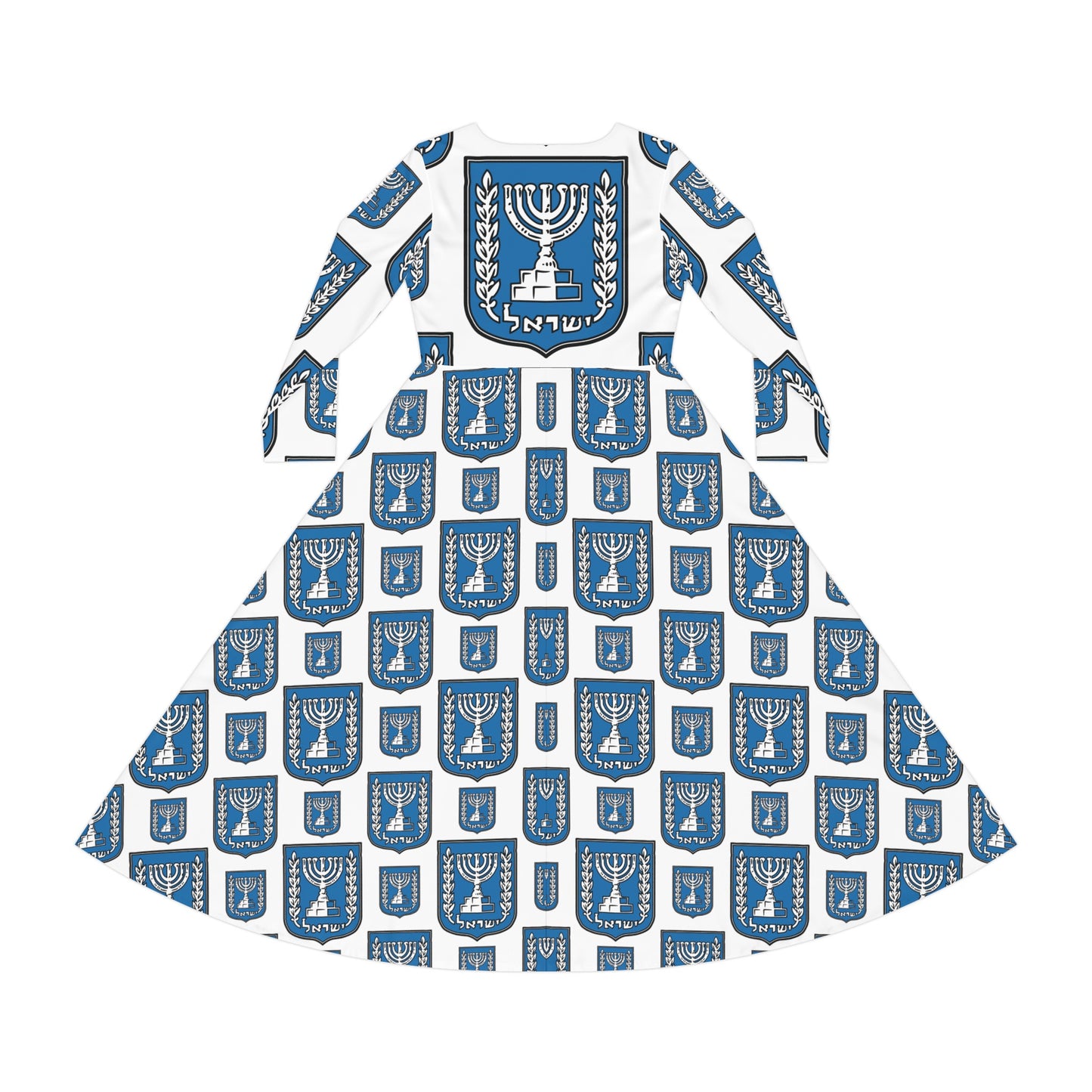 Israel Turq Stamp Pattern on White Women's Long Sleeve Dance Dress