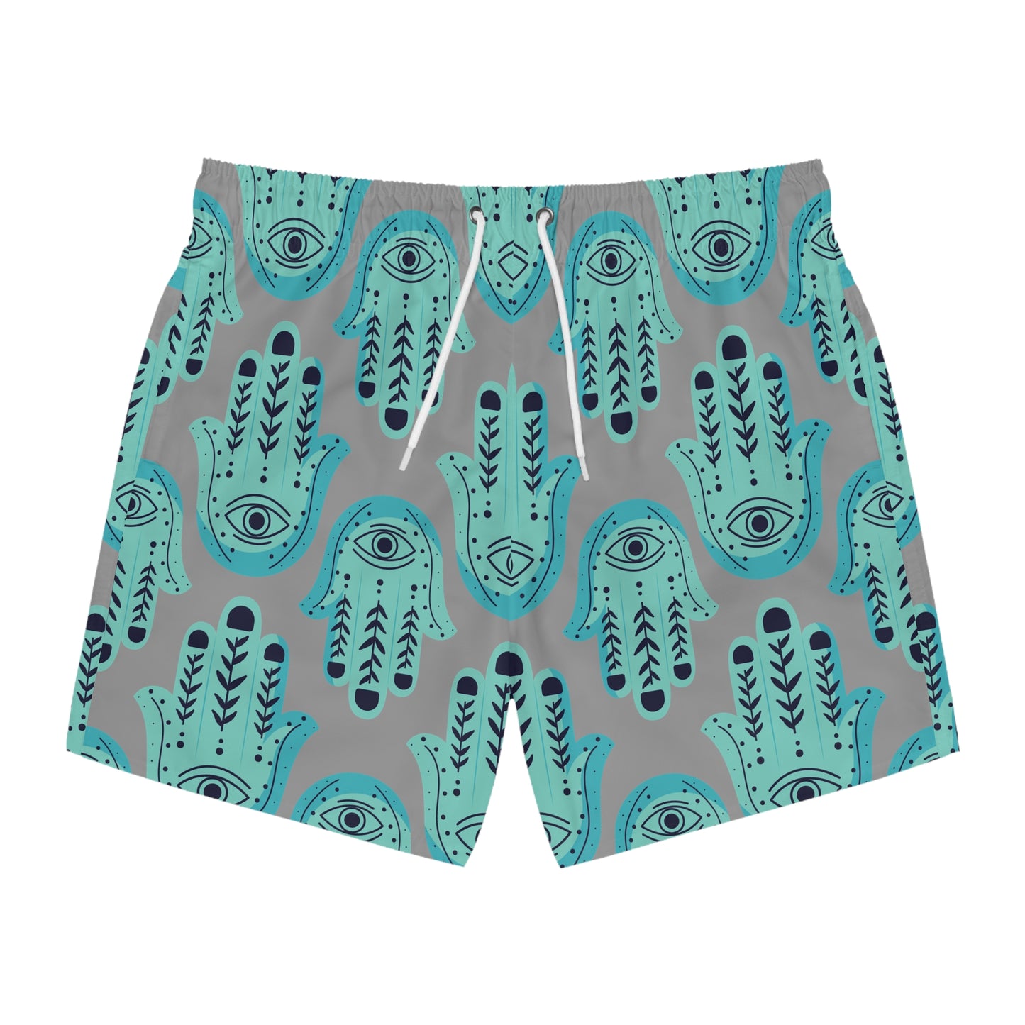 Hannah Bright Turquoise Hamsa Pattern on Grey Swim Trunks