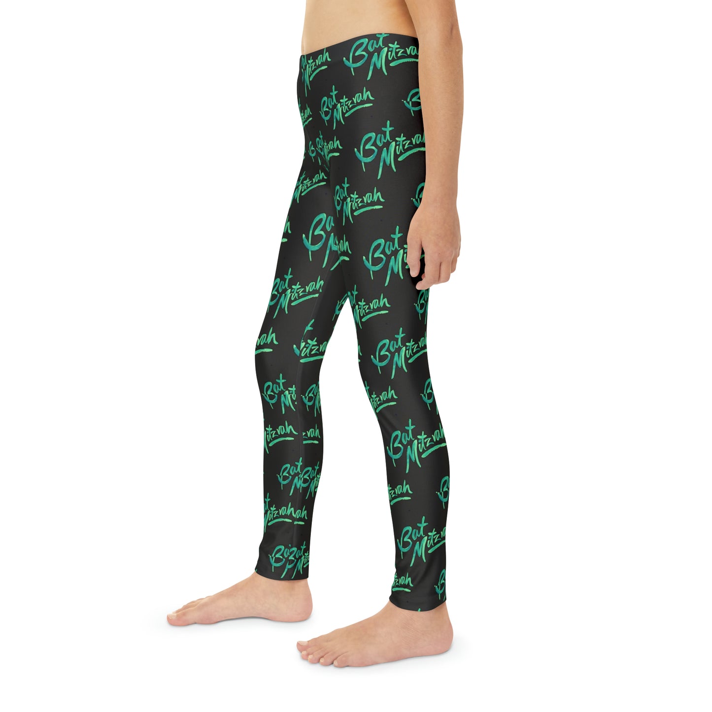 Batya Green Bat Mitzvah Pattern on Black Youth Full-Length Leggings