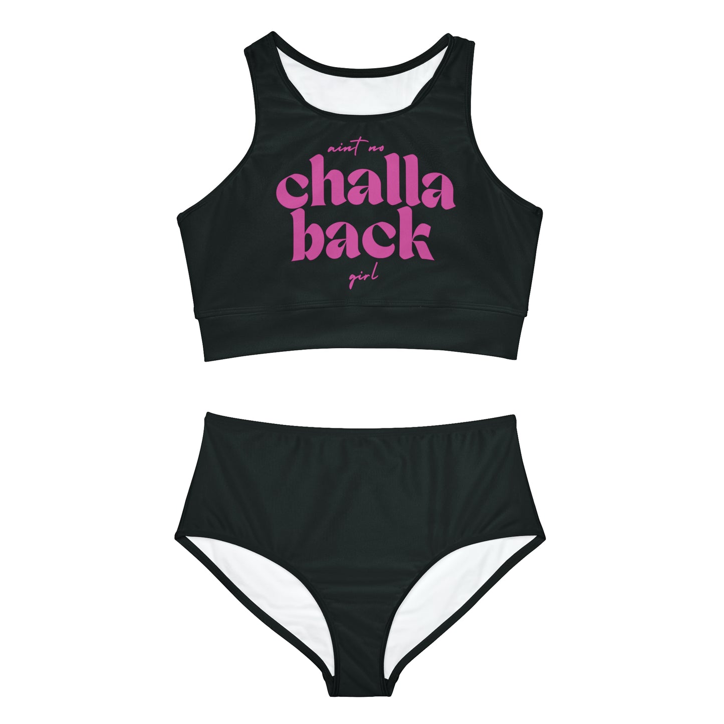 Aint No Challa Back Girl Hot Pink on Black Sporty Bikini Set