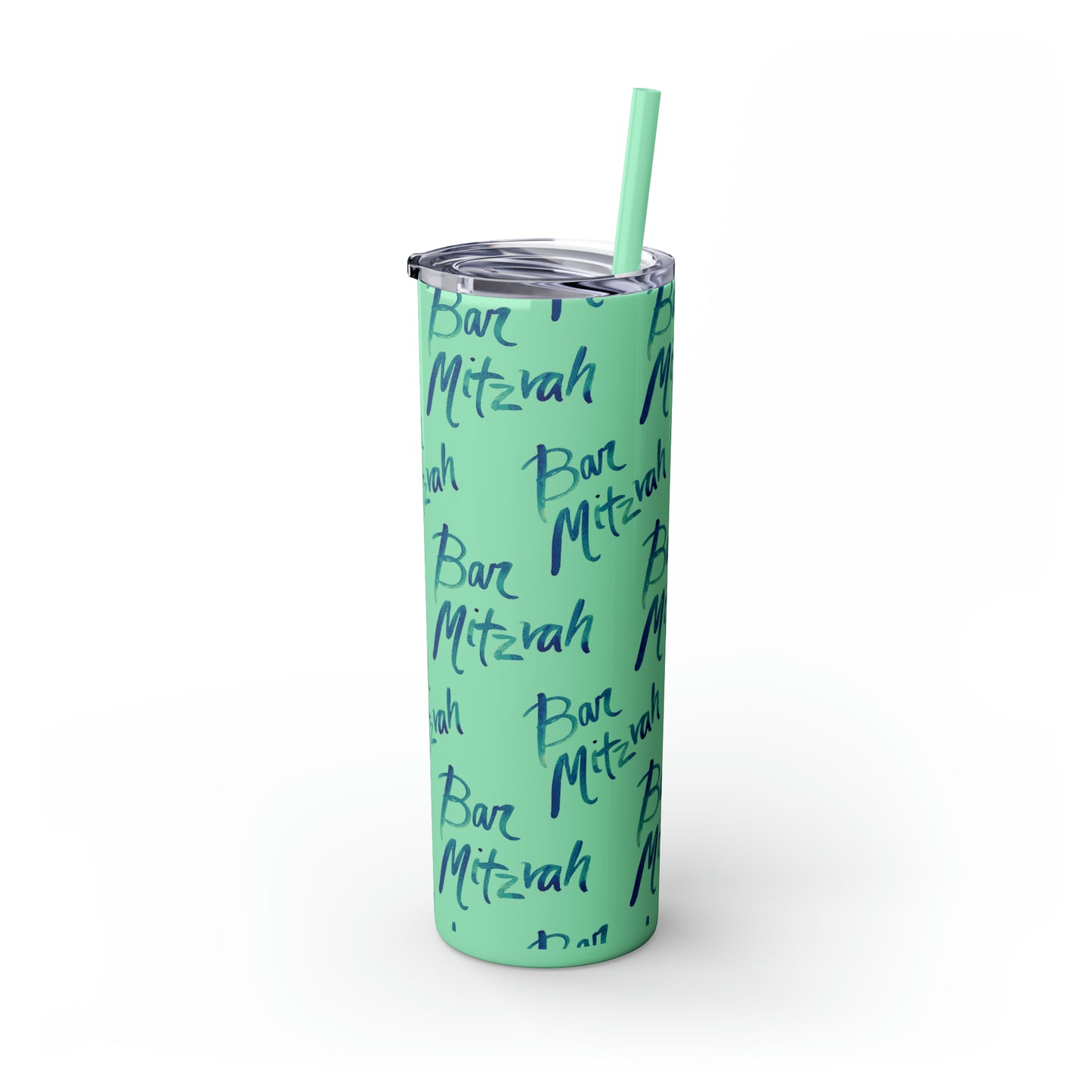 Ben Turquoise & Green Ombre Bar Mitzvah Pattern Skinny Tumbler with Straw, 20oz