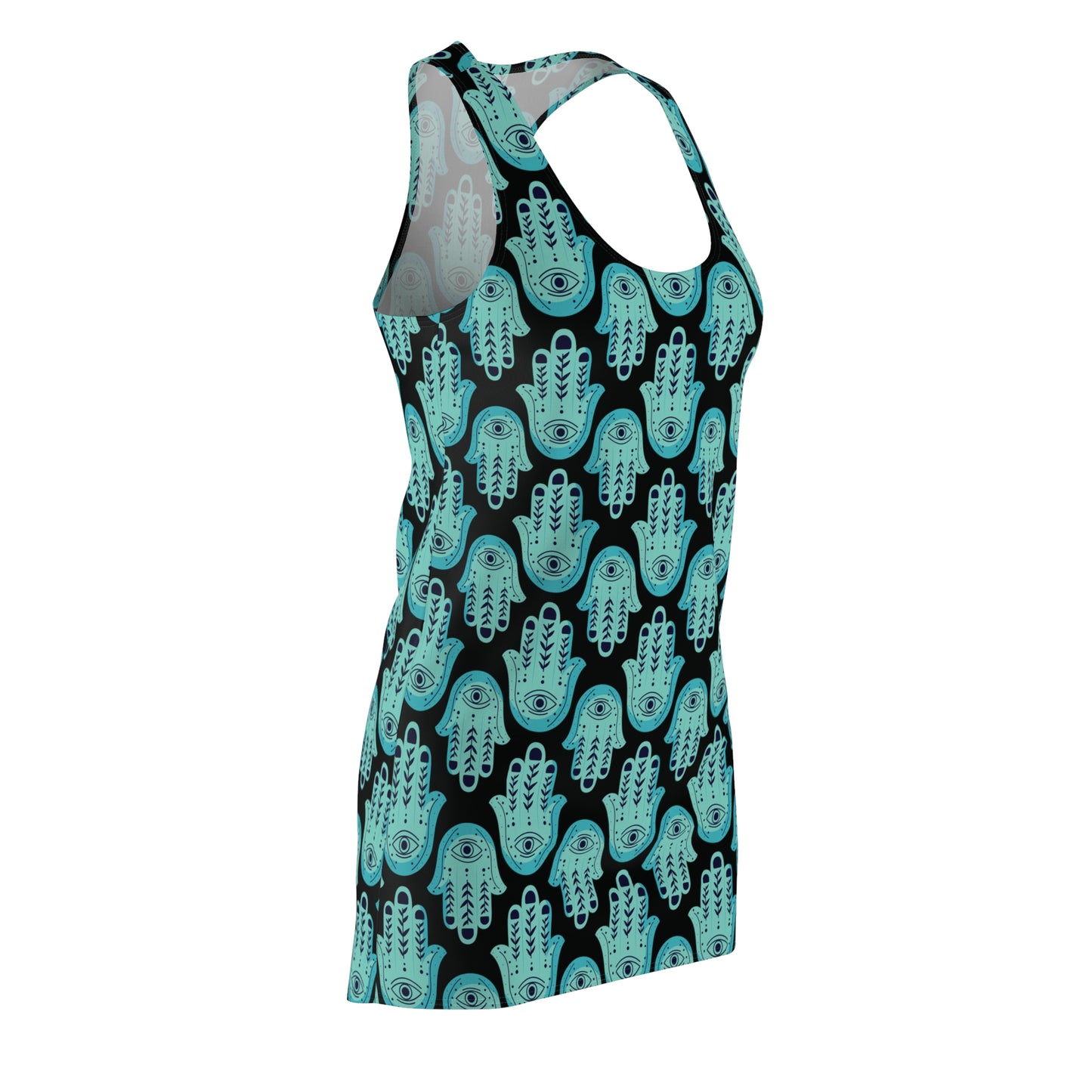 Hannah Bright Turquoise Hamsa Pattern Women's Cut & Sew Racerback Dress