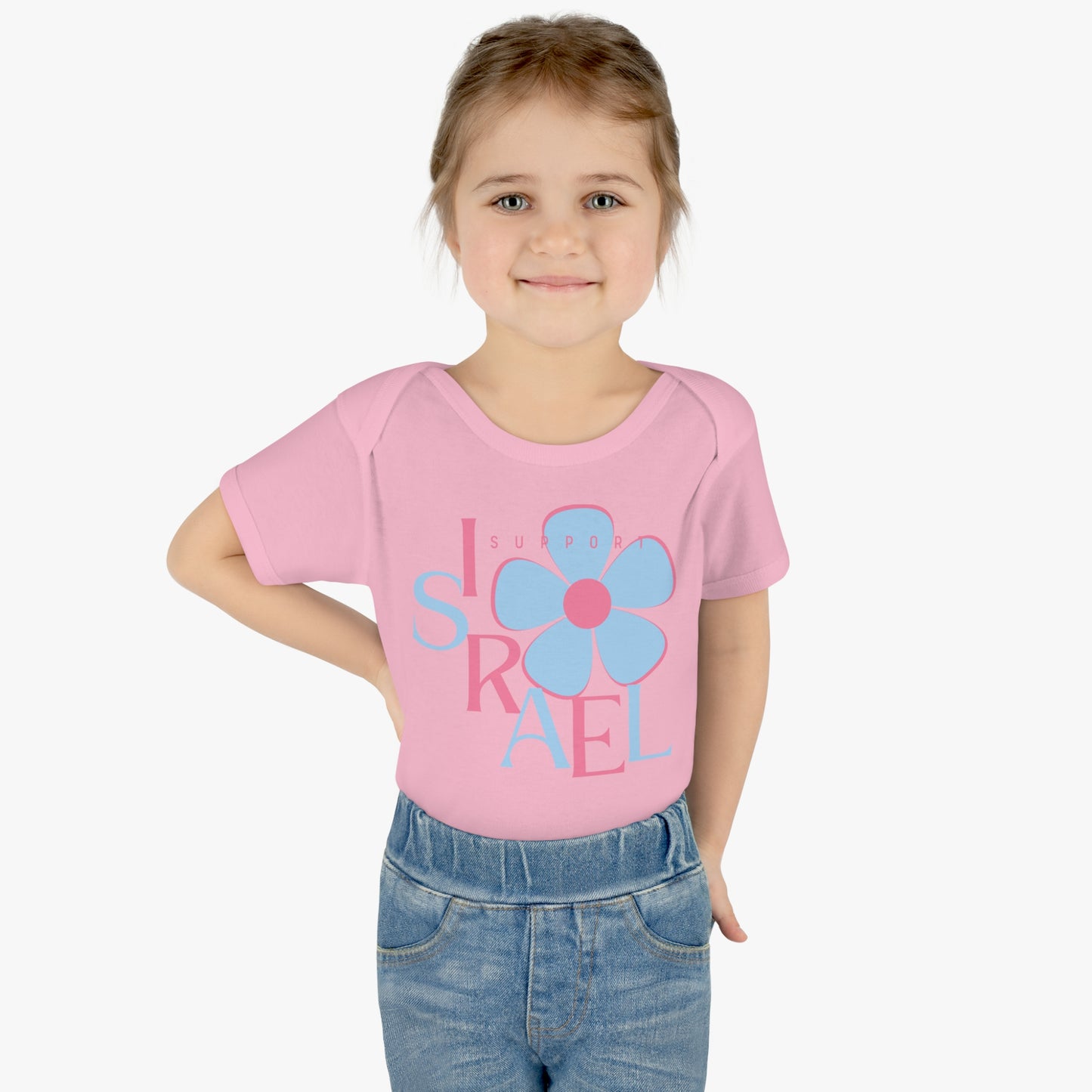 Isa Pink & Blue Support Israel Flower Infant Baby Rib Bodysuit