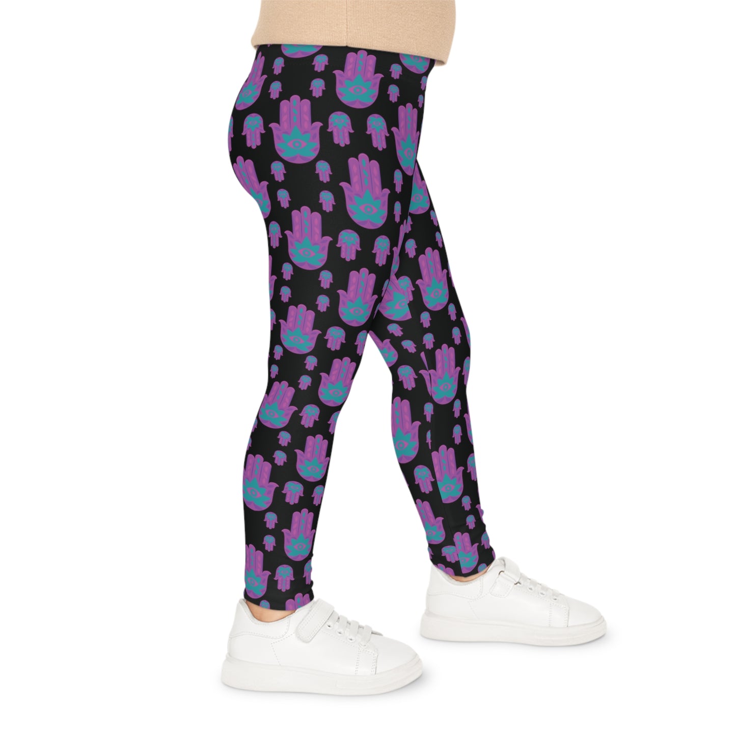 Hadas Bright Purple Hamsa Pattern on Black Kids Leggings